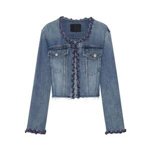 Mo&Co Cropped Collarless Denim Jacket Size Small Woven Trim Raw Hem